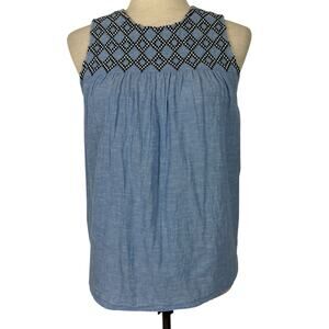 J Crew Top Women Size 4 Linen Cotton Embroidered Chambray Sleeveless Preppy Boho